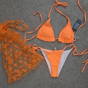 *NWT* Bright Orange Bikini Set with Sheer Cover-Up